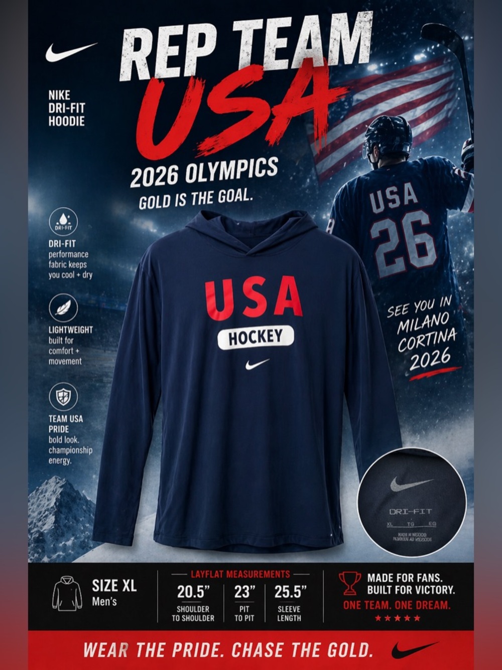 Nike USA Hockey Dri-FIT Hoodie Navy XL Olympic Team Lightweight Shirt